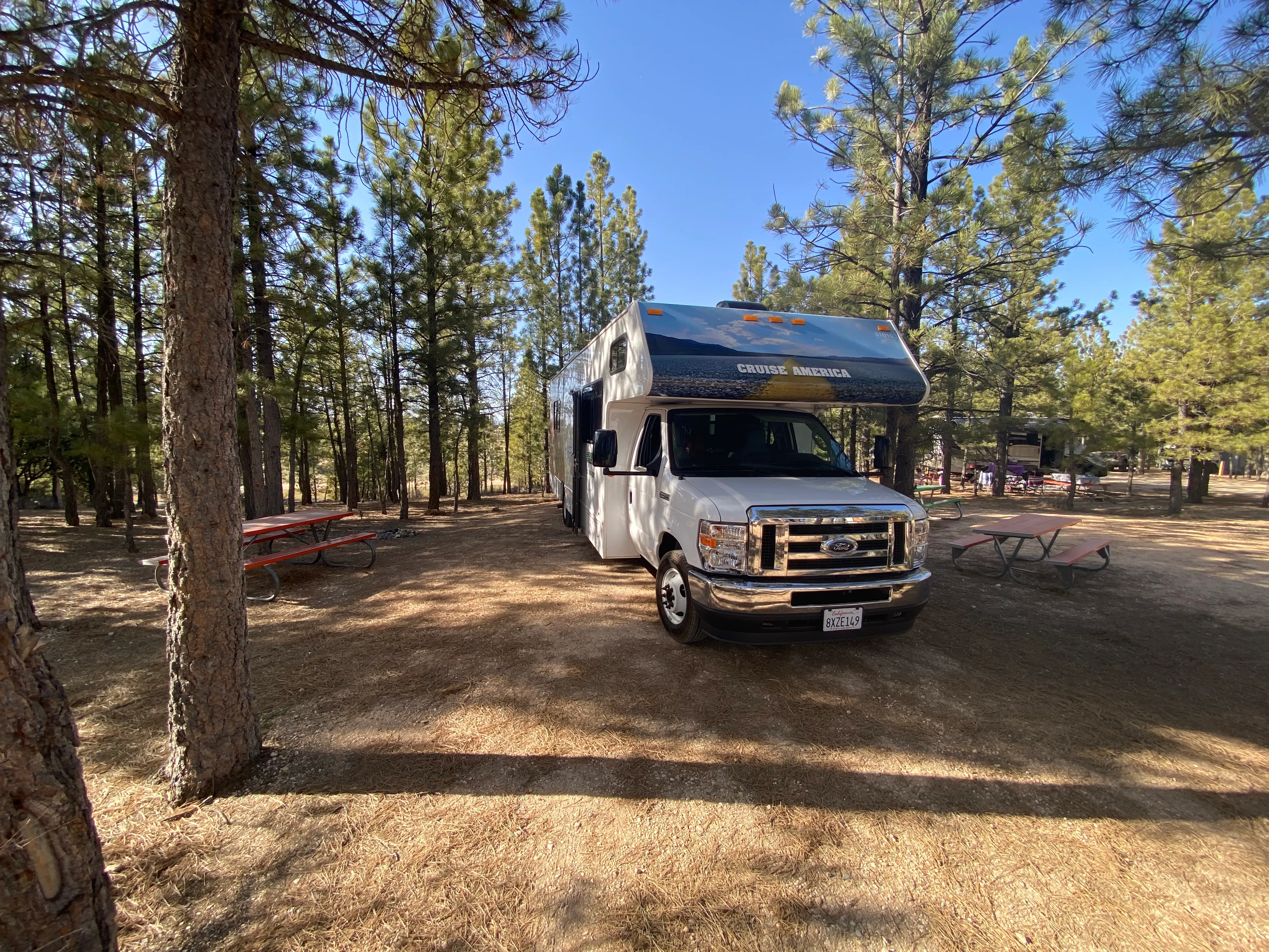 The Cruise America RV parked among pine trees at the Bryce Canyon campground