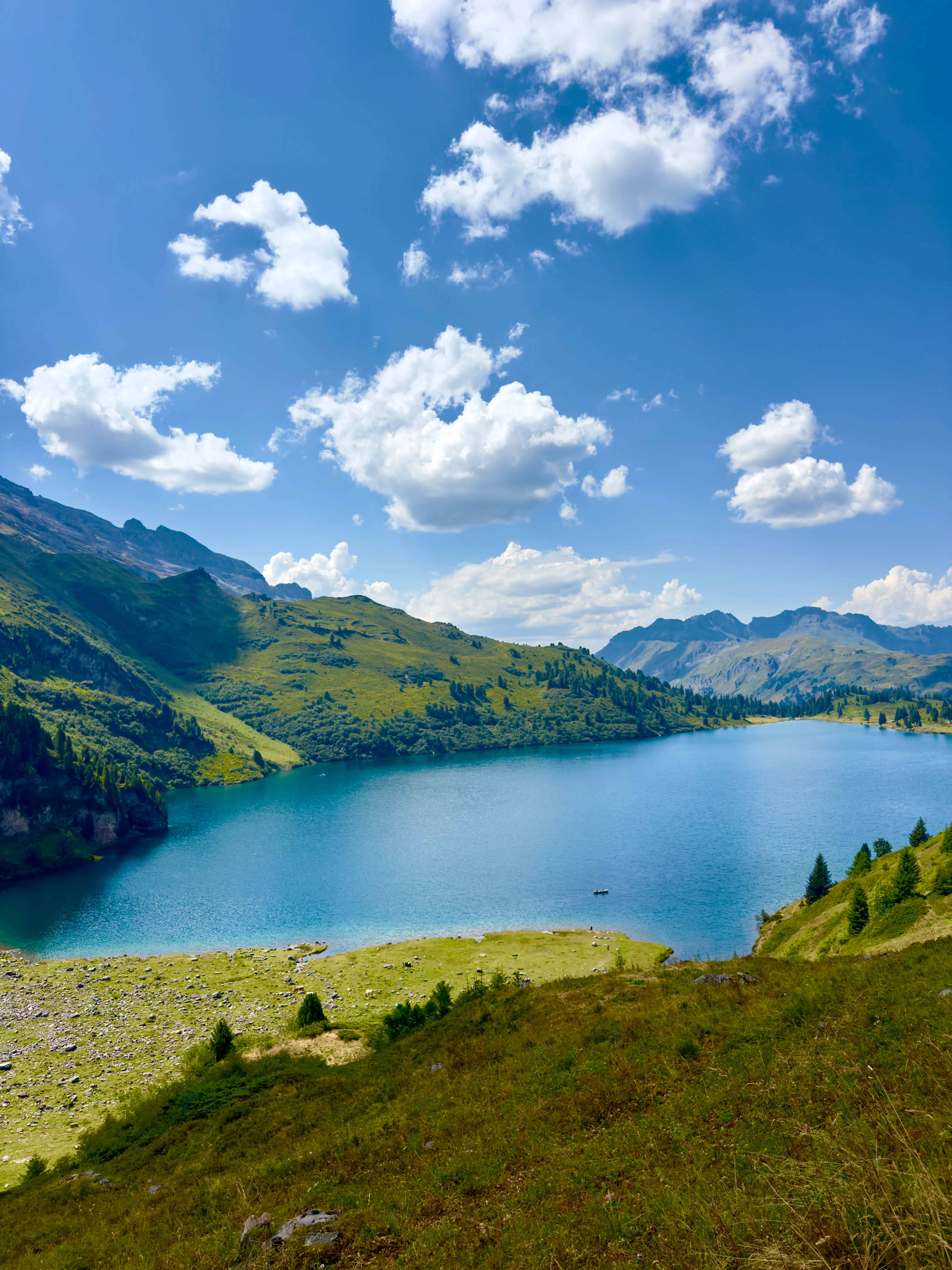 The turquoise water of Engstlensee, the second lake on the Four Lakes hike above Engelberg