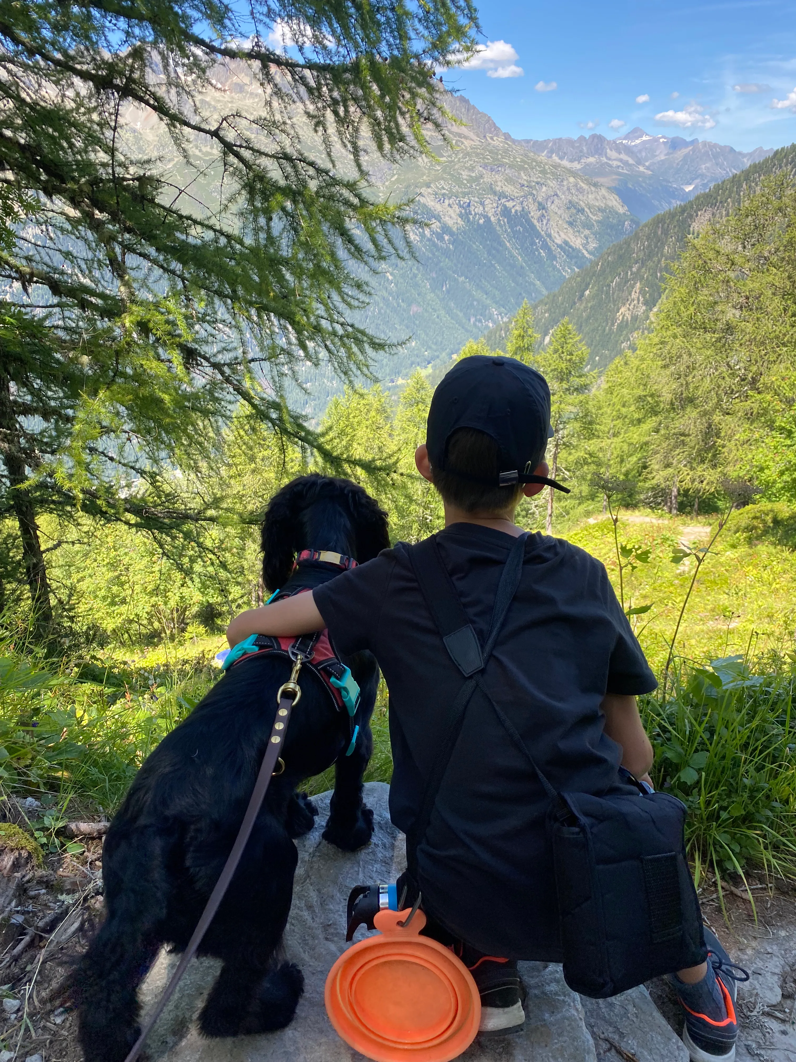 Max sitting with his arm round Fred the dog, looking out over the mountains on a hike near Mont Blanc