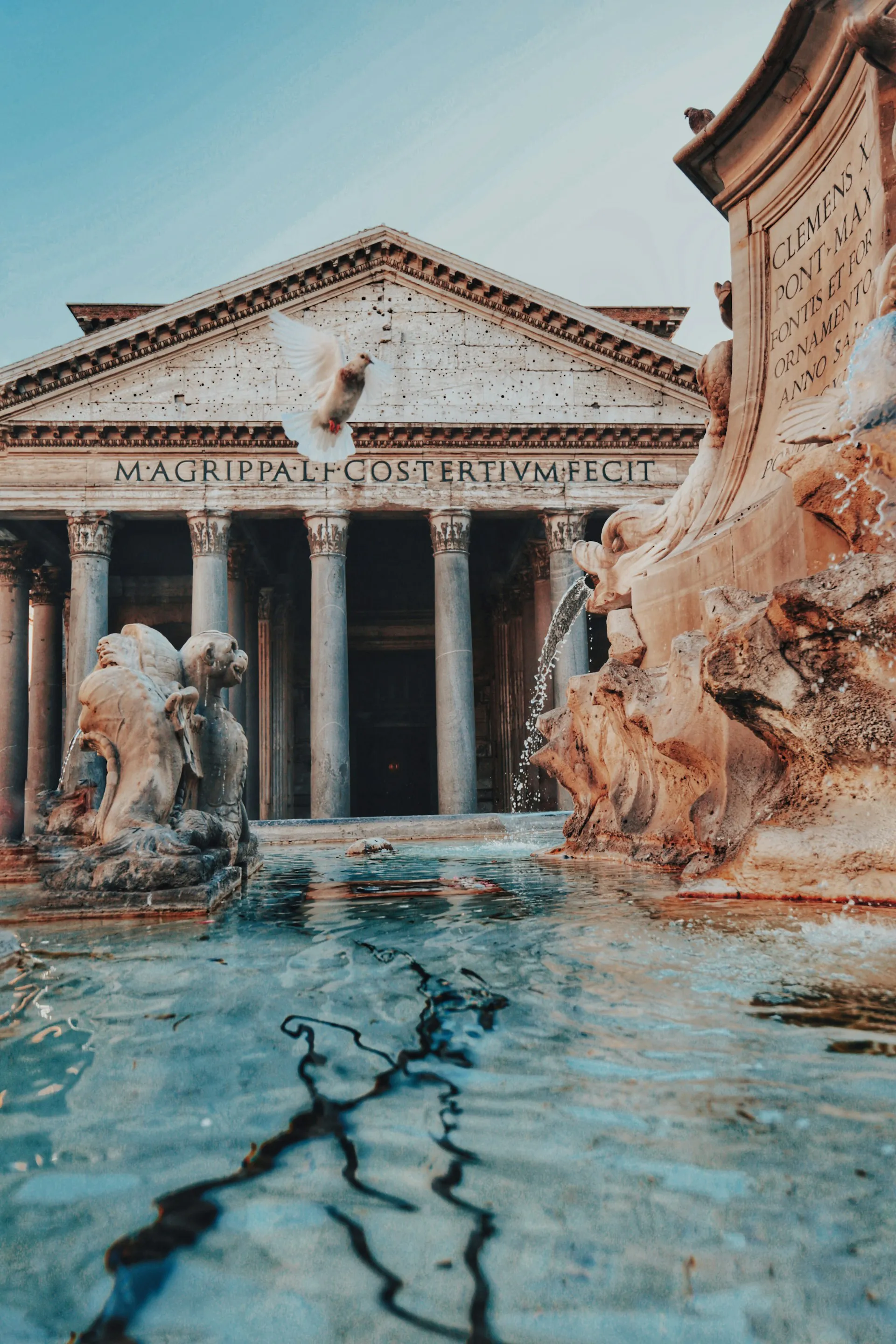 The Pantheon’s columned facade behind the Fontana del Pantheon, with a dove flying past