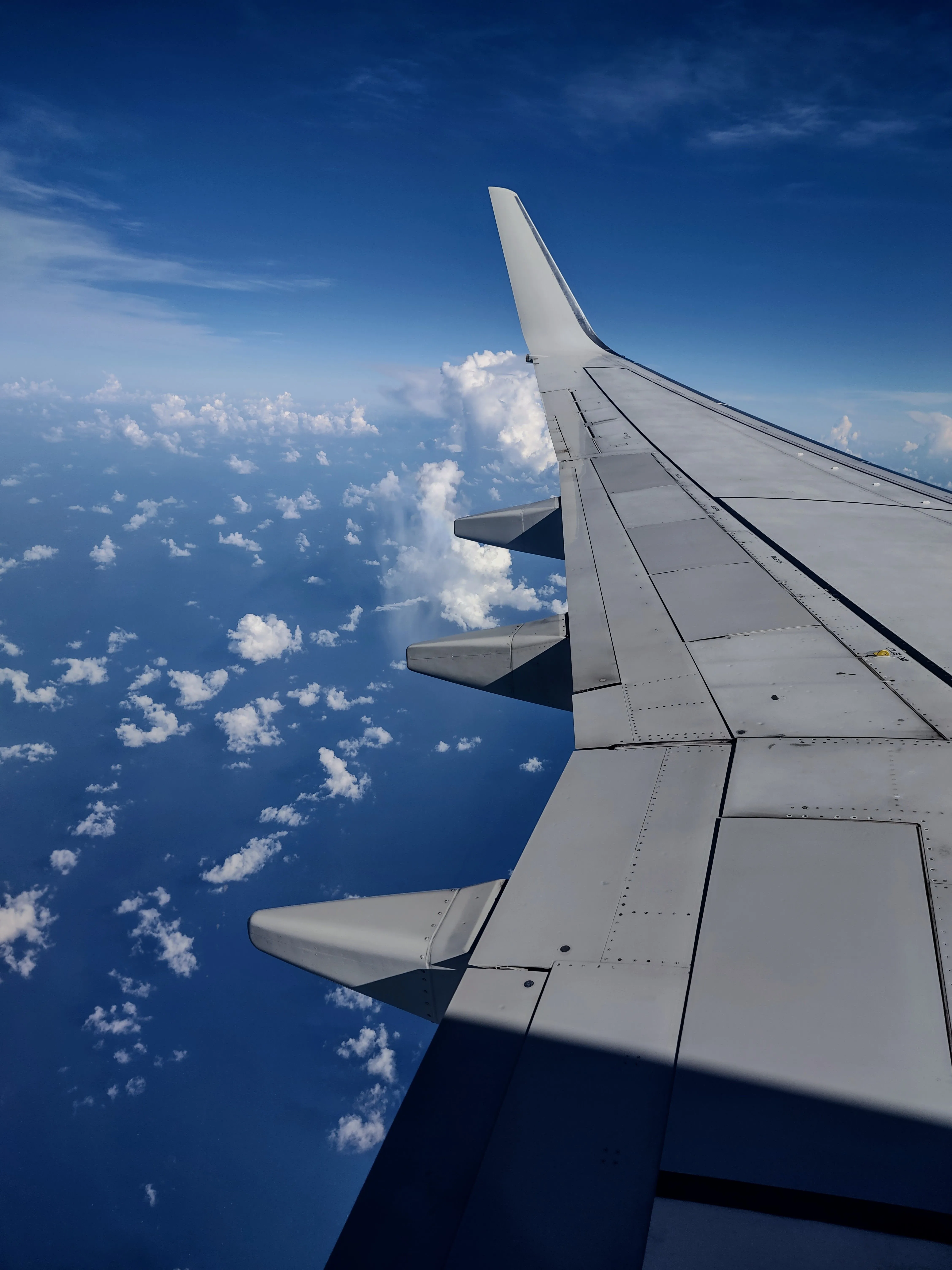 A plane wing over the blue Caribbean sea on the approach to Grenada