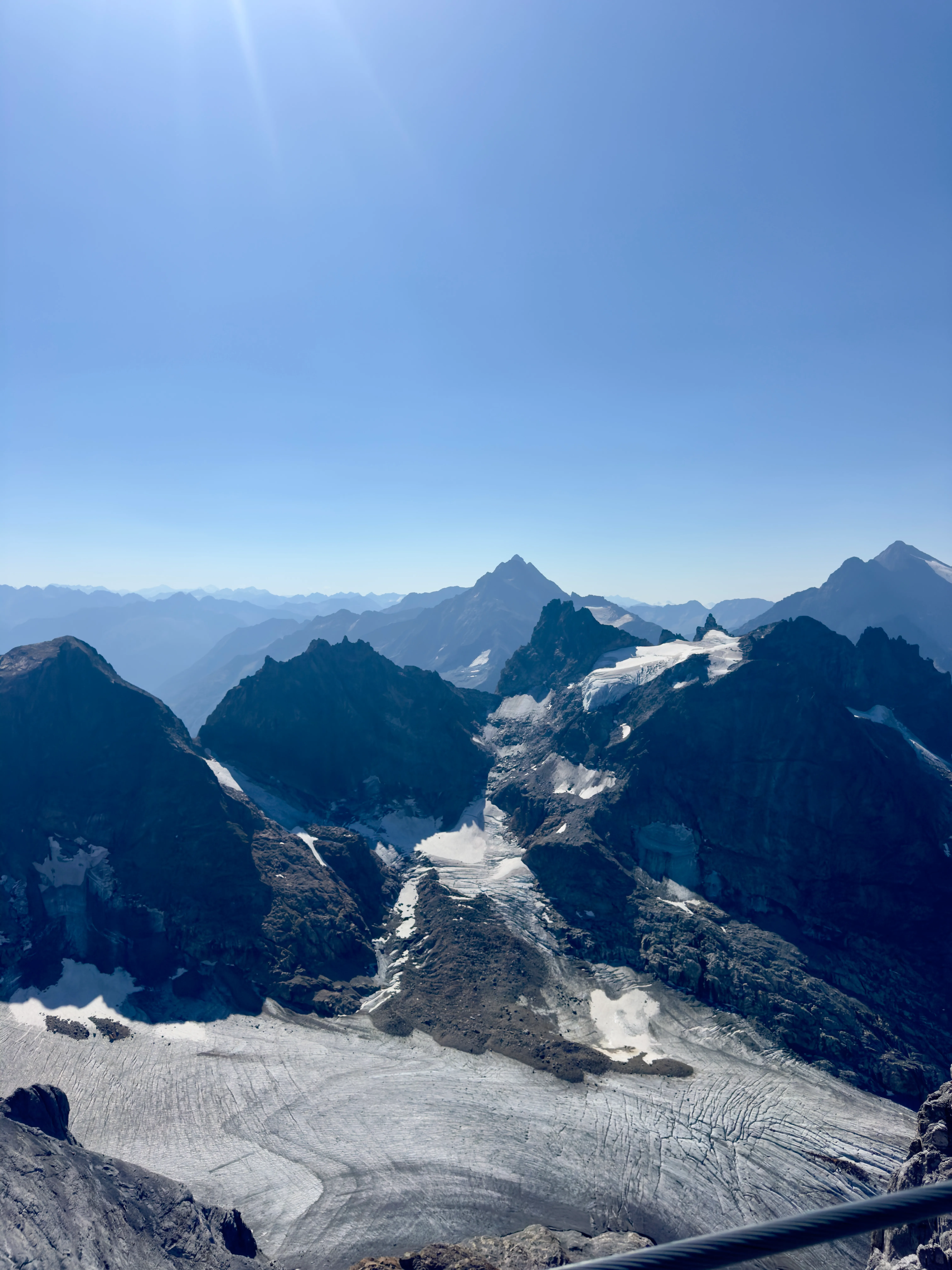 The view from the Titlis summit at 3,020m across the glacier and the Swiss and Italian Alps