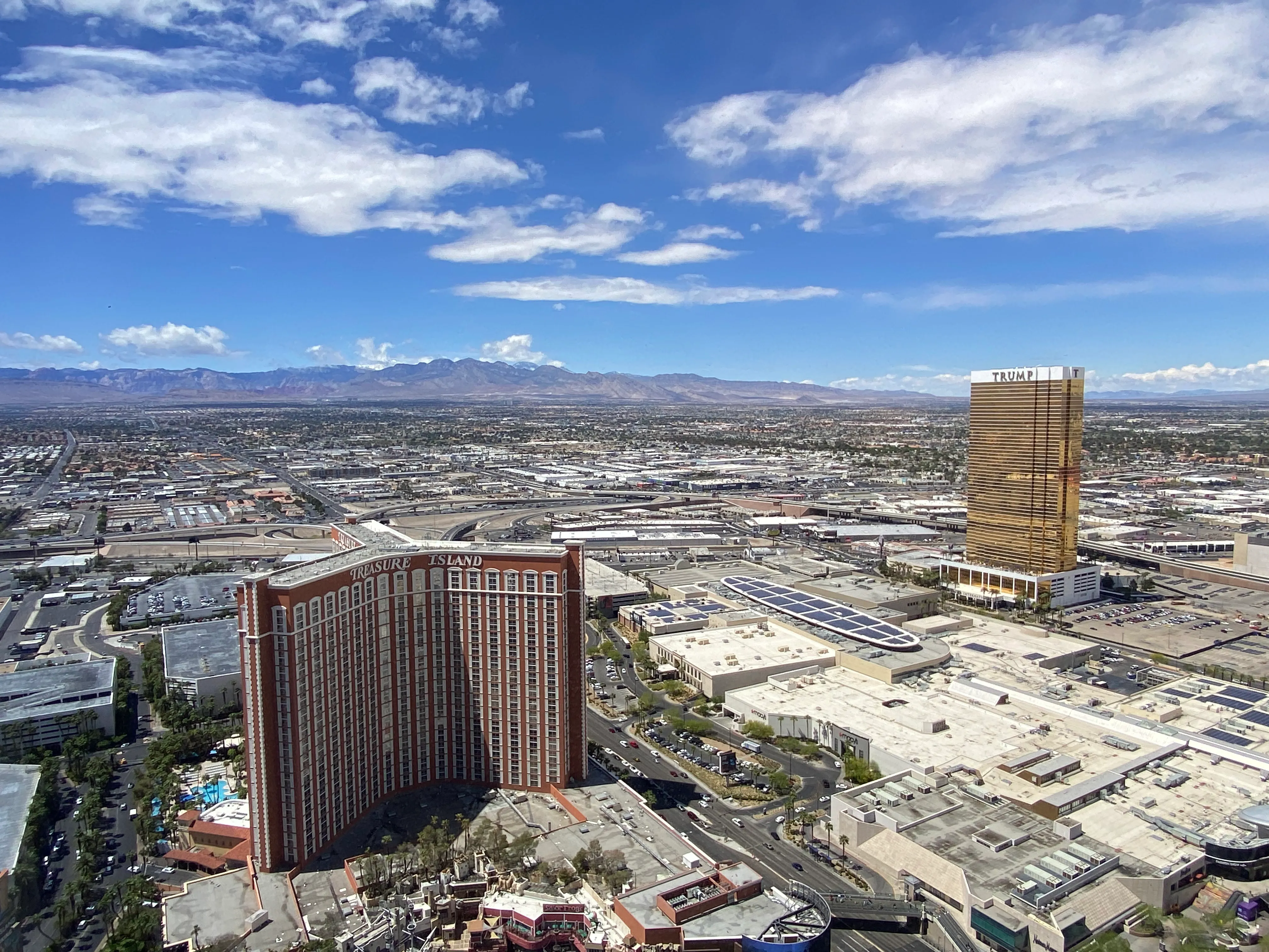 View over the Las Vegas Strip from the Palazzo at the Venetian, with Treasure Island and Trump Tower below